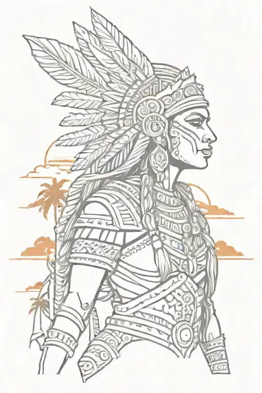 Aztec Warrior Woman With Sunset And Palm Trees In Background