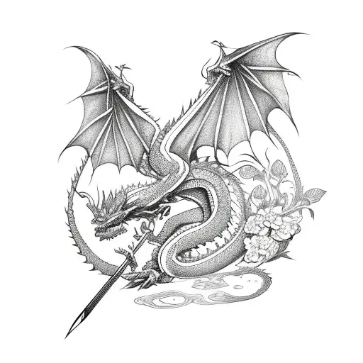 Dragon With Flowers And Sword
