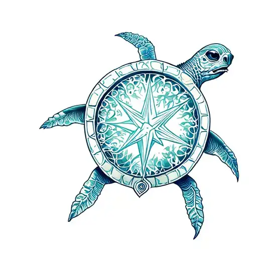 Turtle With Shell In Compass Shape And Tree Of Life Inside
