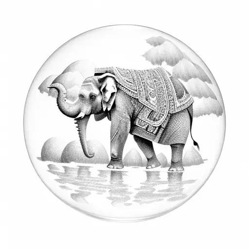 A Majestic Crystal Ball Held By An Elephant In A Dotwork Style