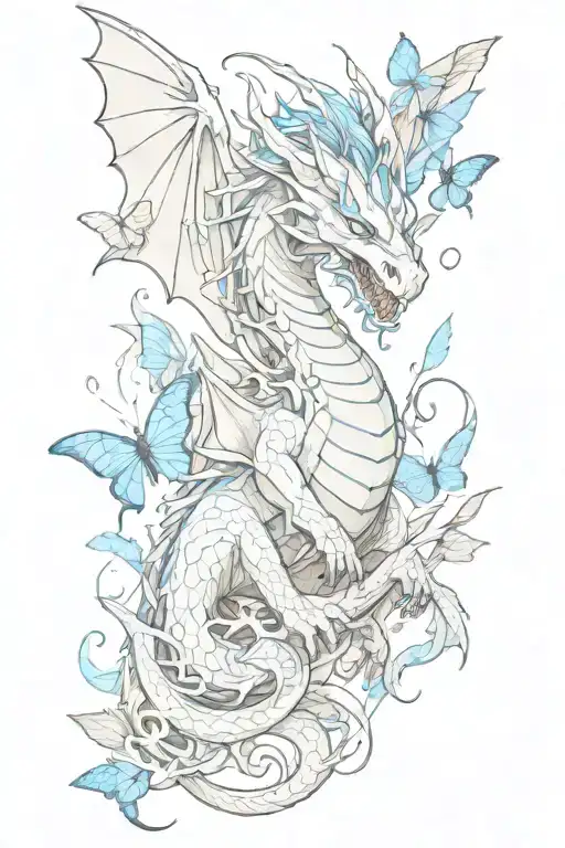 Friendly Dragon Surrounded By Blue Butterflies And Flames