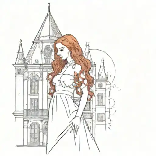 A Thin Girl With Long Red Hair In A White Dress On The Background Of A Gothic Building