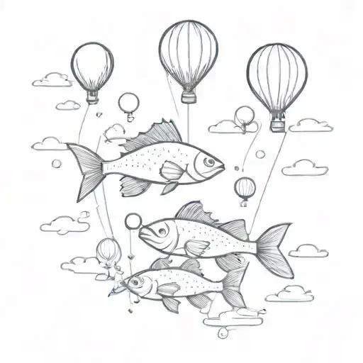 Fish Being Hold By Balloons In The Sky