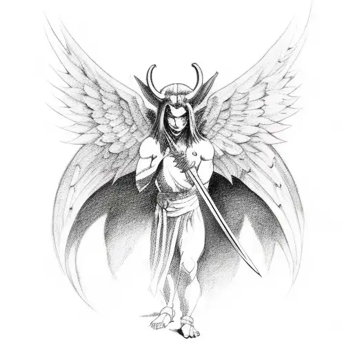Full Back Tattoo Half Demon Half Angelic Scene Holding A Sword And Has Wings