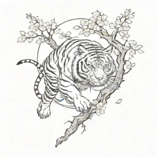 Tiger Walking Cherry Blossom Tree Branch Moon Surrounded