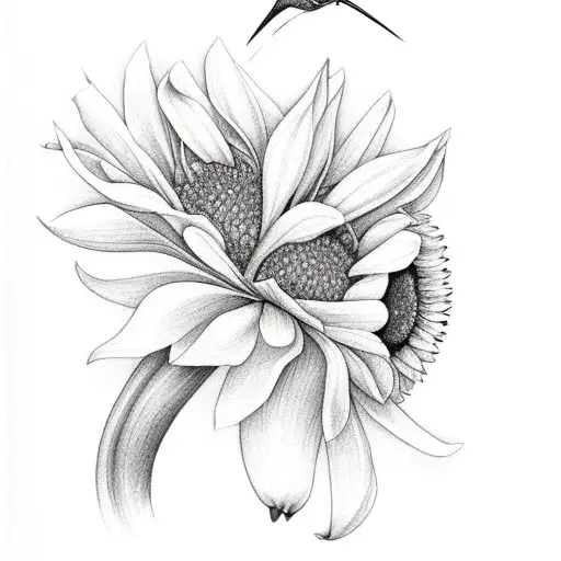 Humming Bird With Tulips And Daisy's And Sunflowers