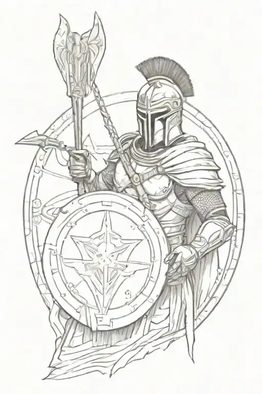 Spartan Soldier Holding A Shield Staring Into The Distance