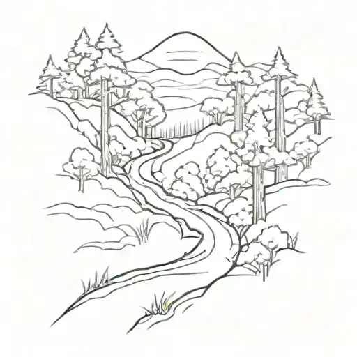 A Sketch Style Tattoo Of A Winding Hiking Trail Through A Forest