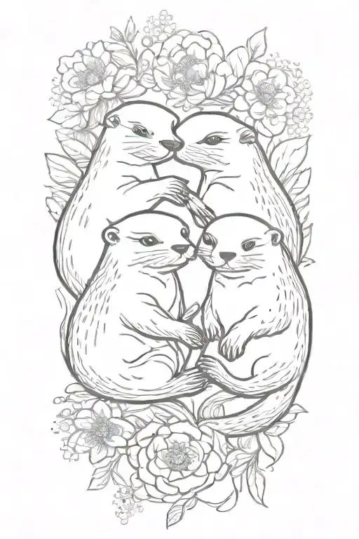Cute Otters Holding Hands Surrounded By Floral Design