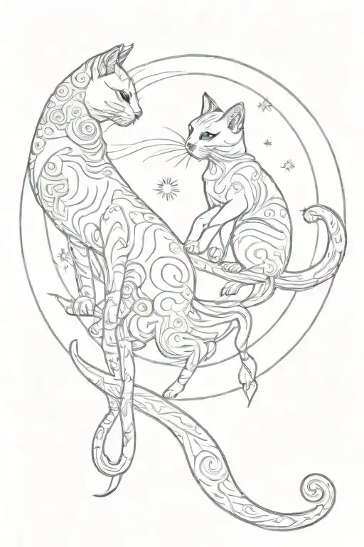 Two Cats One Sitting On Moon Second Sitting On Sun Reaching Each Other