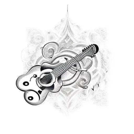 A Traditional-style Tattoo Of A Guitar With Musical Notes Forming The Shape Of Birds