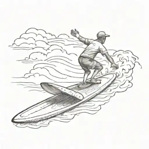A Sketch Tattoo Of A Baker Riding A Surfboard On A Beach Made Of Baked Goods