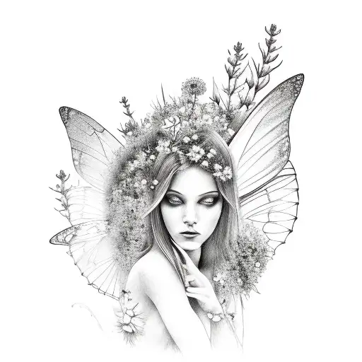 A Black And Grey Tattoo Of A Fairy Surrounded By Wildflowers