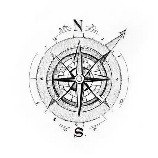 A Sketch-style Tattoo Of A Land Surveyor Holding A Compass With A Backdrop Of Nature And Music Notes