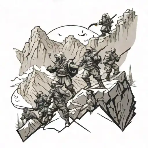 A Group Of Fighters Conquering A Mountain As If It Was A Batle Against The Mountai Clean Artwork