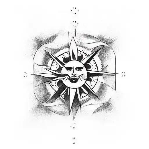 Shoulder Tattoo That Has A Cross That Has A Sun Looking Down On It With Names On The Cross