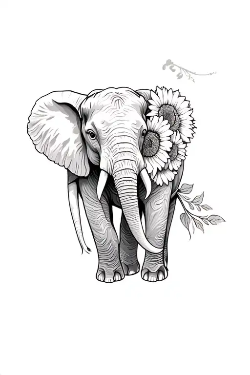 Elephant With Carnations And Sunflowers Intertwined