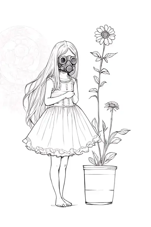 Little Girl With Long Straight Hair Wearing A Gas Mask And Sundress Holding A Flower