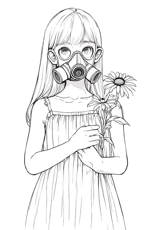 Little Girl With Long Straight Hair Wearing A Gas Mask And Sundress Holding A Wilting Flower