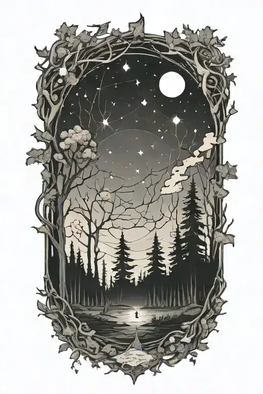 Dark Forest Filled Night Sky Filled With Constellations