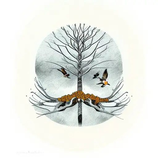 Mustard Tree With Roots And Birds