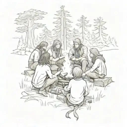 A Sketch Of The Fellowship Of The Ring Members Gathered Around A Campfire In A Forest Setting