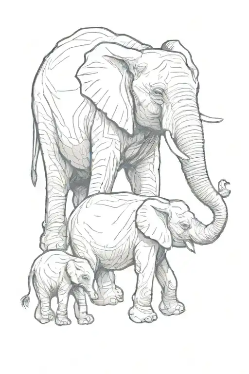 Mother Elephant With Two Baby Elephants Holding Trunks In Front