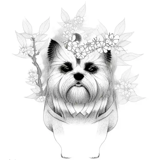 A Sketch Style Tattoo Of A Ninja Lhasa Apso Disguised As A Cherry Blossom Tree
