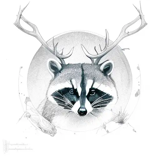 Racoon With Deer Head In Top Of The Racoon And A Moon In Top Of The Deer Antlers