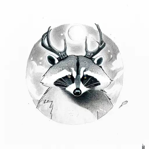 Racoon And A Deer Head In Top Of The Racoon And A Moon In Top Of The Deer Antlers