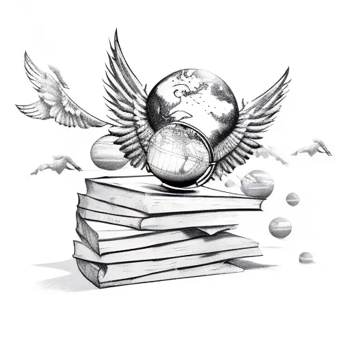 A Stack Of Books With Wings Flying Over A Globe