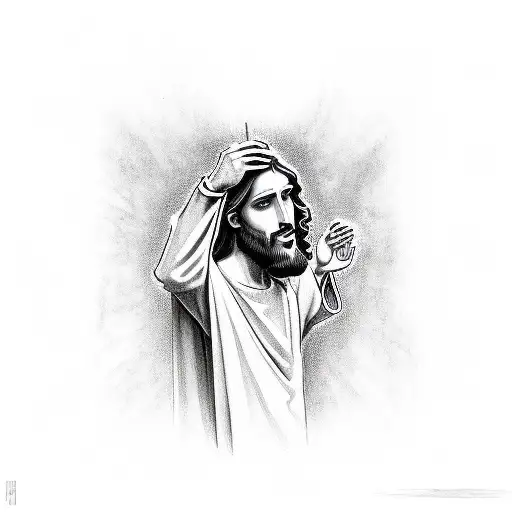 Jesus Holding Out His Had Crying While A Guy Shooting Up Drugs Is In His Hand