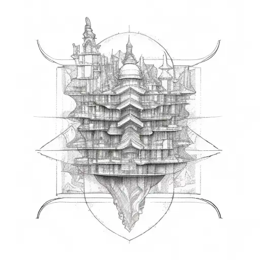 Sketch-style Tattoo Of An Architectural Blueprint Incorporating Elements Of The Ocean