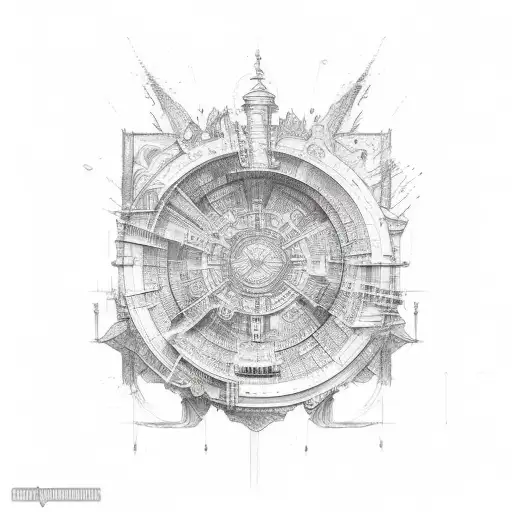 Sketch-style Tattoo Of An Architectural Blueprint Incorporating Elements Of The Ocean