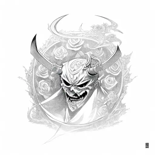 A Demon Holding A Katana That Is Wrapped Around A Rose