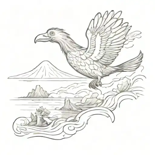 A Dodo Flying Over The Ocean In Front Of A Volcano