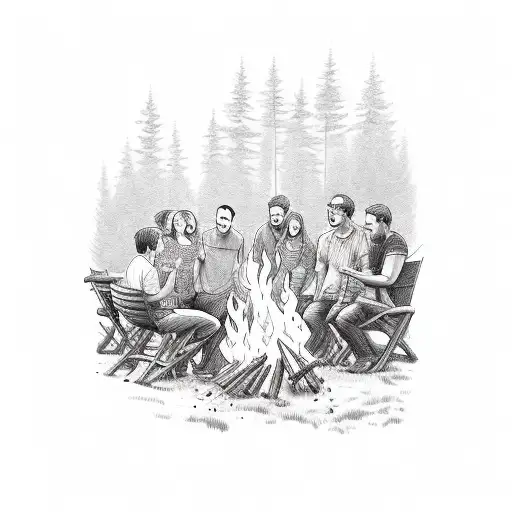 A Group Of Friends And Family Gathered Around A Bonfire At The Cottage In New York