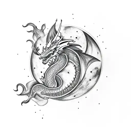 A Blackwork Tattoo Of A Dragon Flying Through A Galaxy