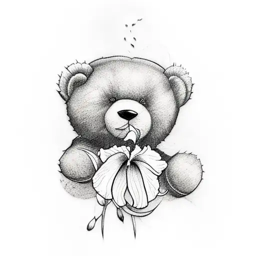 A Minimalist Tattoo Of A Teddy Bear Surrounded By Iris Flowers