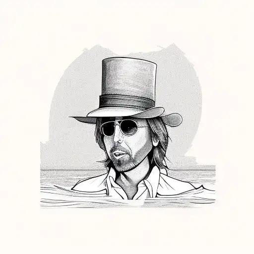 A Sketch-style Illustration Of Tom Petty's Iconic Top Hat Floating On A Tranquil Ocean