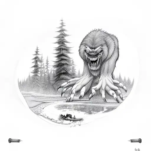 Forest Scene With A River And Bigfoot