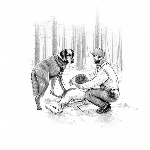 A Detailed Sketch Of A Veterinarian Treating A Wounded Animal In A Forest Setting
