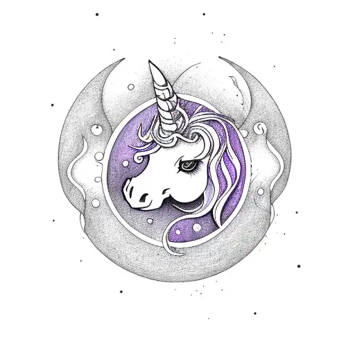 Art Nouveau Purple Full Moon With Simple Unicorn