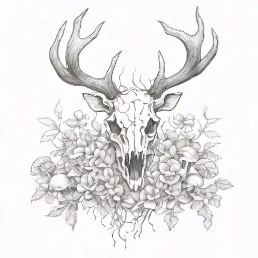 Stag Skull Surrounded By Mushrooms