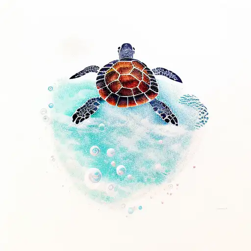Colorful Sea Turtle Made Of Lines With Bubbles Rising From It