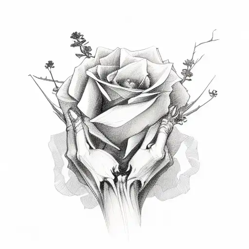 A Skeletal Hand Holding A Bouquet Of Dark And Mysterious Flowers