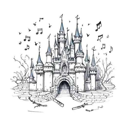 A Sketch Style Tattoo Of A Disney Castle With Musical Instruments Scattered Around It