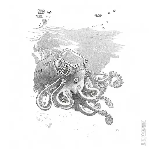 A Scuba Diver Exploring A Shipwreck With An Octopus Swimming Around