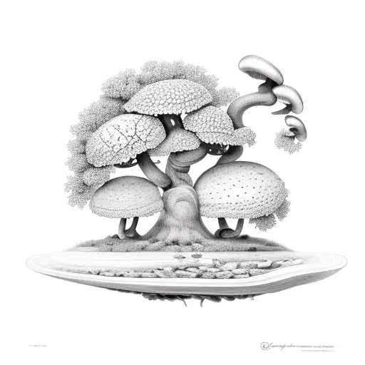 Line Art Of Oak Tree And 2 Normal Size And One Small Size Boletus