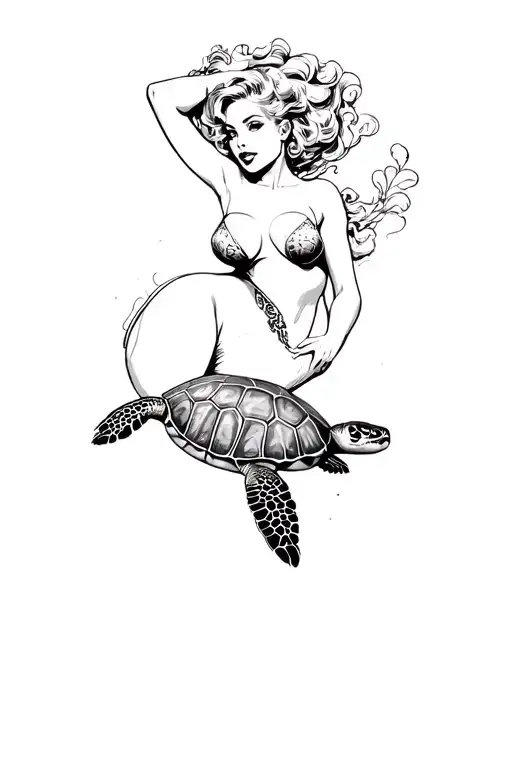 Pin Up Girl With Sea Turtle Swimming Gracefully